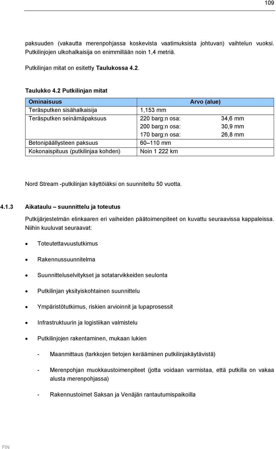 2 Putkilinjan mitat Ominaisuus Arvo (alue) Teräsputken sisähalkaisija 1,153 mm Teräsputken seinämäpaksuus 220 barg:n osa: 34,6 mm 200 barg:n osa: 30,9 mm 170 barg:n osa: 26,8 mm Betonipäällysteen