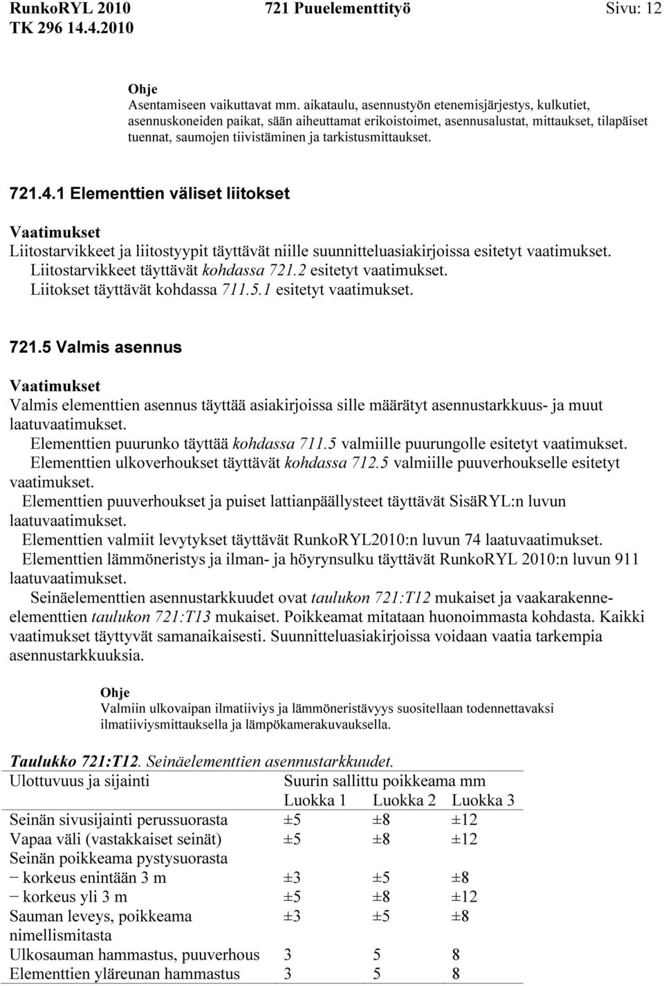 tarkistusmittaukset. 721.4.1 Elementtien väliset liitokset Liitostarvikkeet ja liitostyypit täyttävät niille suunnitteluasiakirjoissa esitetyt vaatimukset. Liitostarvikkeet täyttävät kohdassa 721.