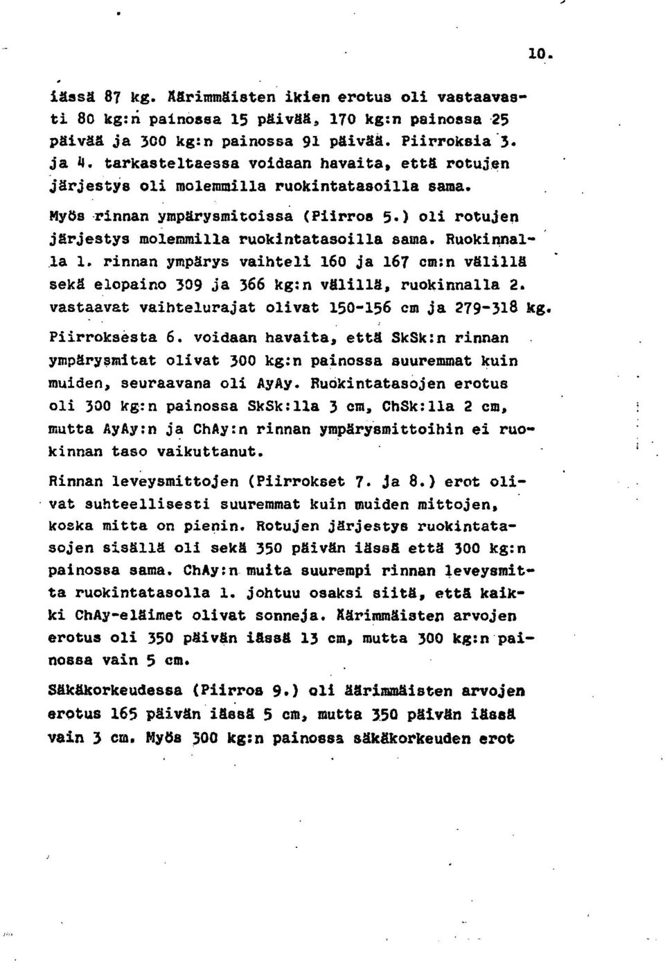 Ruokinnalla 1. rinnan ympärys vaihteli 160 ja 167 cm:n välillä sekä elopaino 309 ja 366 kg:n välillä, ruokinnalla 2. vastaavat vaihtelurajat olivat 150-156 cm ja 279-318 kg. Piirroksesta 6.