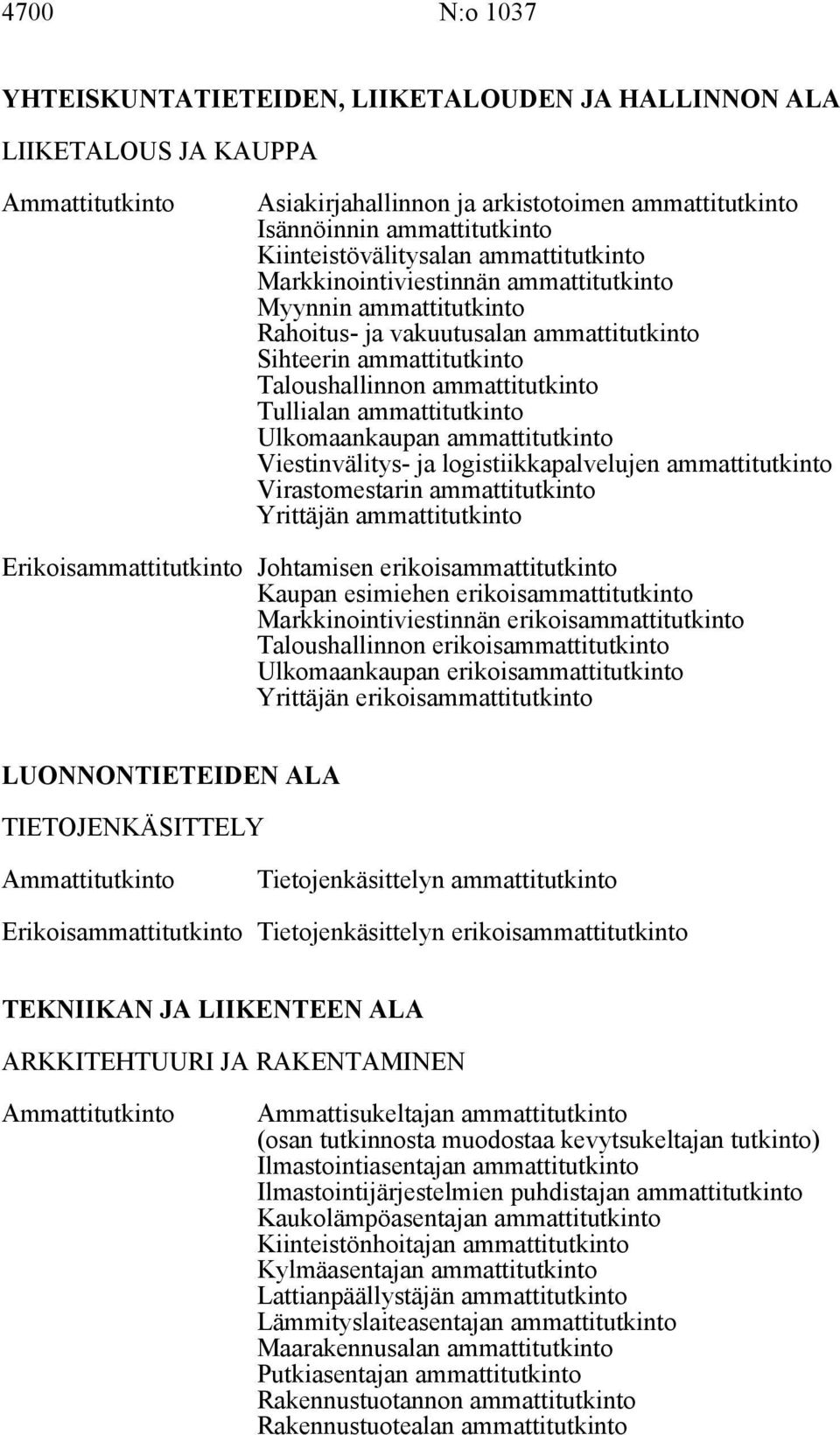 ammattitutkinto Ulkomaankaupan ammattitutkinto Viestinvälitys- ja logistiikkapalvelujen ammattitutkinto Virastomestarin ammattitutkinto Yrittäjän ammattitutkinto Erikoisammattitutkinto Johtamisen