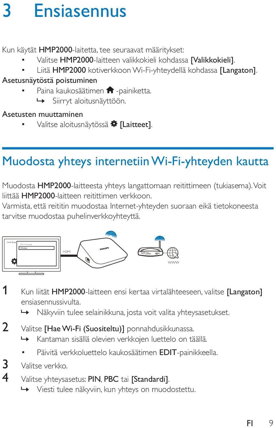 Asetusten muuttaminen Valitse aloitusnäytössä [Laitteet]. Muodosta yhteys internetiin Wi-Fi-yhteyden kautta Muodosta HMP2000-laitteesta yhteys langattomaan reitittimeen (tukiasema).