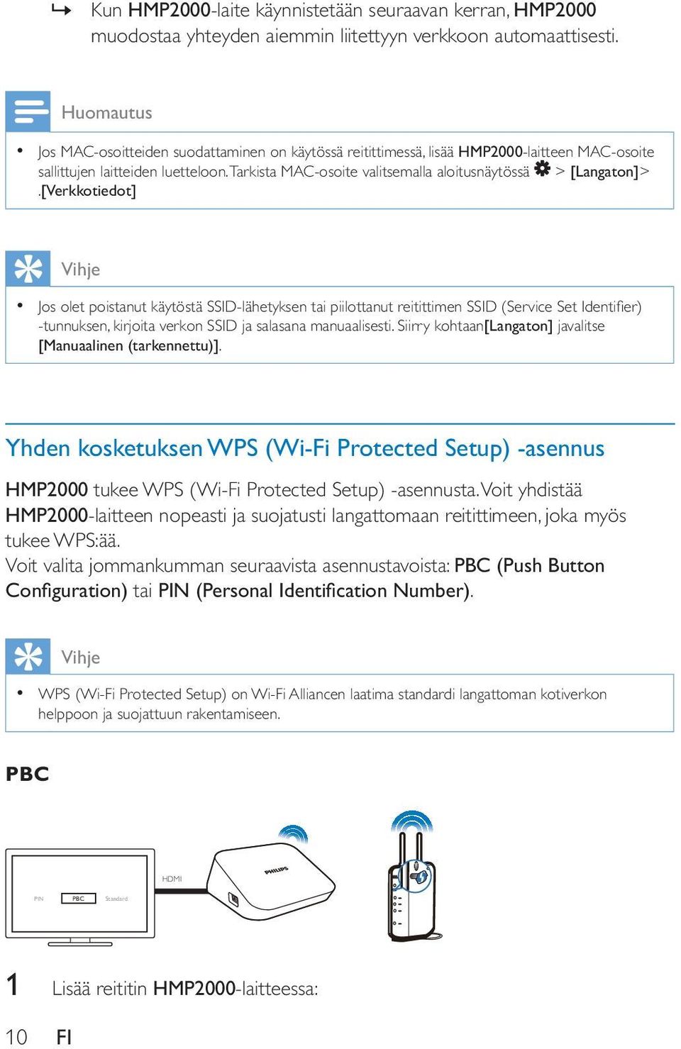 Yhden kosketuksen WPS (Wi-Fi Protected Setup) -asennus HMP2000 tukee WPS (Wi-Fi Protected Setup) -asennusta.