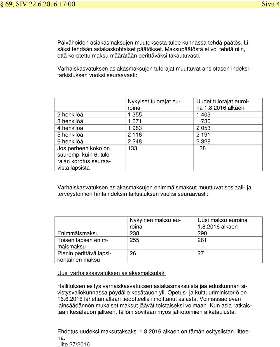 Varhaiskasvatuksen asiakasmaksujen tulorajat muuttuvat ansiotason indeksitarkistuksen vuoksi seuraavasti: Nykyiset tulorajat euroina Uudet tulorajat euroina 1.8.