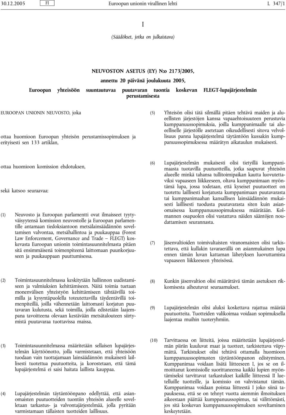 tuontia koskevan FLEGT-lupajärjestelmän perustamisesta EUROOPAN UNIONIN NEUVOSTO, joka ottaa huomioon Euroopan yhteisön perustamissopimuksen ja erityisesti sen 133 artiklan, (5) Yhteisön olisi tätä