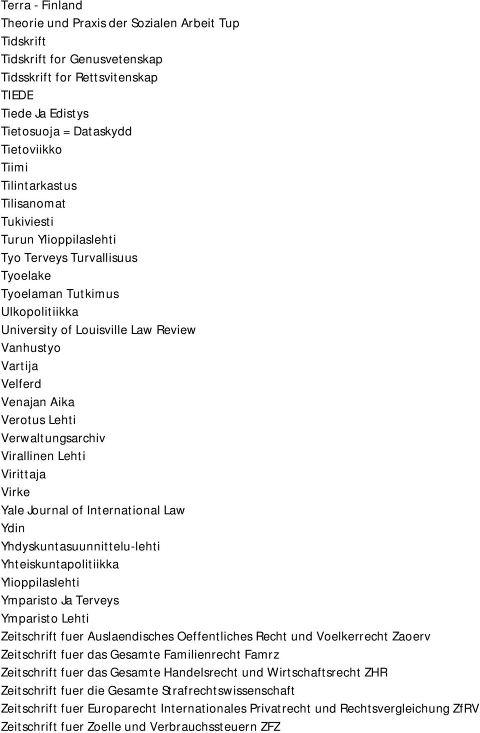 Aika Verotus Lehti Verwaltungsarchiv Virallinen Lehti Virittaja Virke Yale Journal of International Law Ydin Yhdyskuntasuunnittelu-lehti Yhteiskuntapolitiikka Ylioppilaslehti Ymparisto Ja Terveys