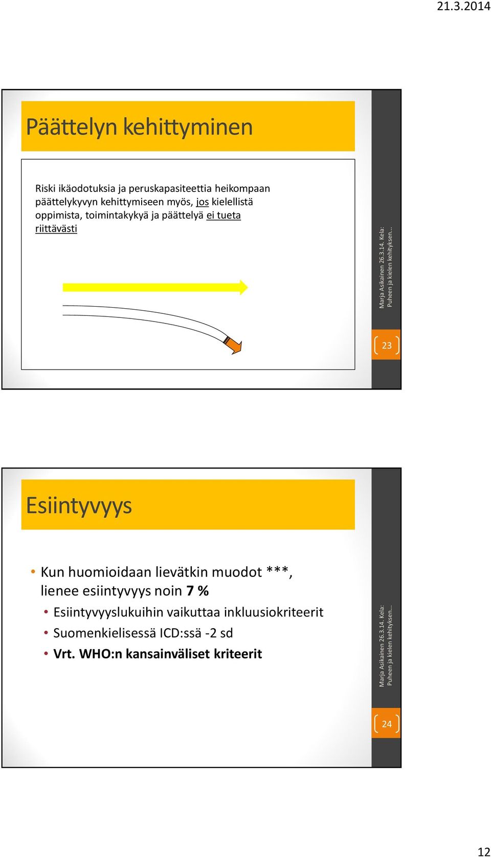 23 Esiintyvyys Kun huomioidaan lievätkin muodot ***, lienee esiintyvyys noin 7 %