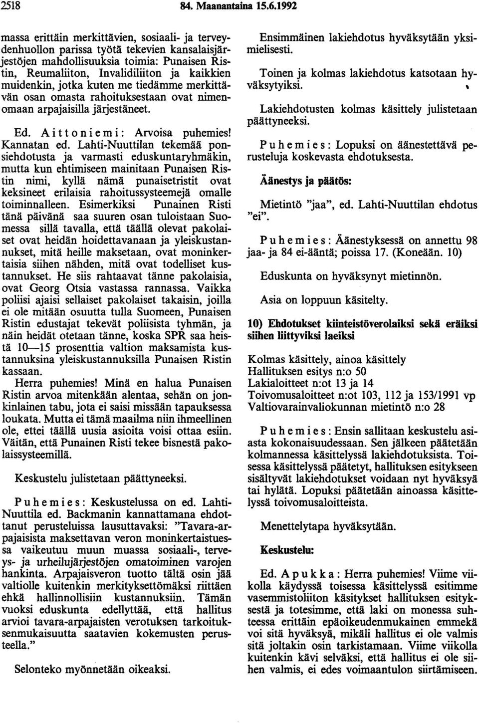 jotka kuten me tiedämme merkittävän osan omasta rahoituksestaan ovat nimenomaan arpajaisilla järjestäneet. Ed. A i t t o n i e m i : Arvoisa puhemies! Kannatan ed.