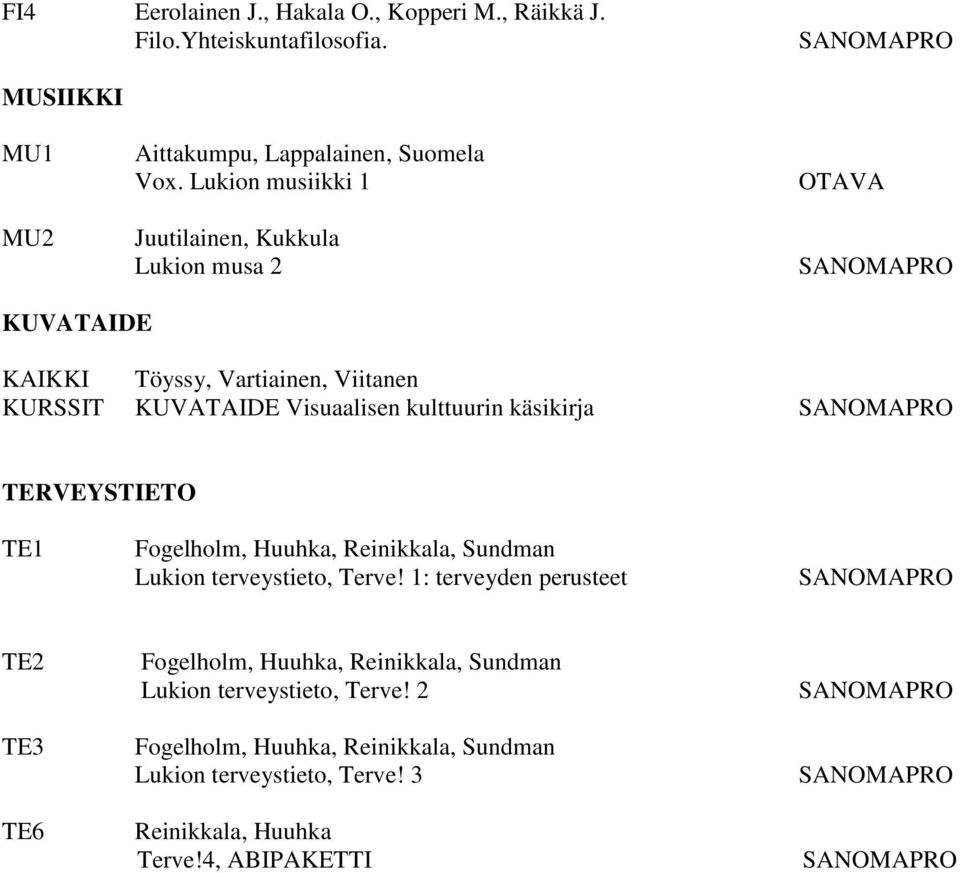 käsikirja TERVEYSTIETO TE1 Fogelholm, Huuhka, Reinikkala, Sundman Lukion terveystieto, Terve!