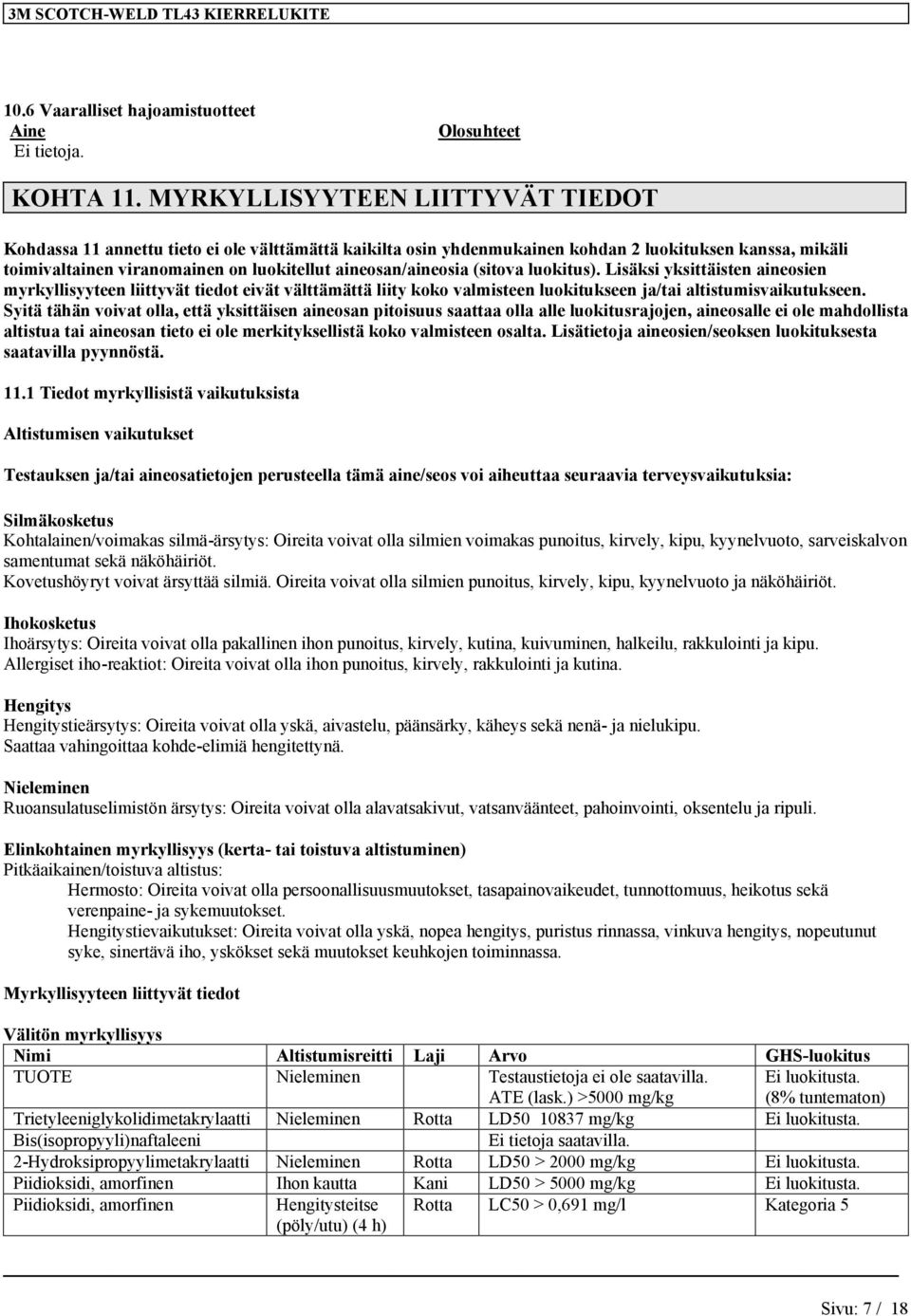 aineosan/aineosia (sitova luokitus). Lisäksi yksittäisten aineosien myrkyllisyyteen liittyvät tiedot eivät välttämättä liity koko valmisteen luokitukseen ja/tai altistumisvaikutukseen.