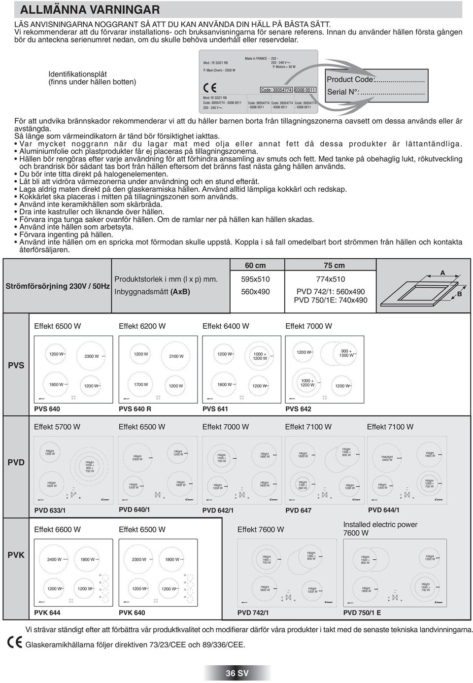 Identifikationsplåt (finns under hällen botten) För att undvika brännskador rekommenderar vi att du håller barnen borta från tillagningszonerna oavsett om dessa används eller är avstängda.