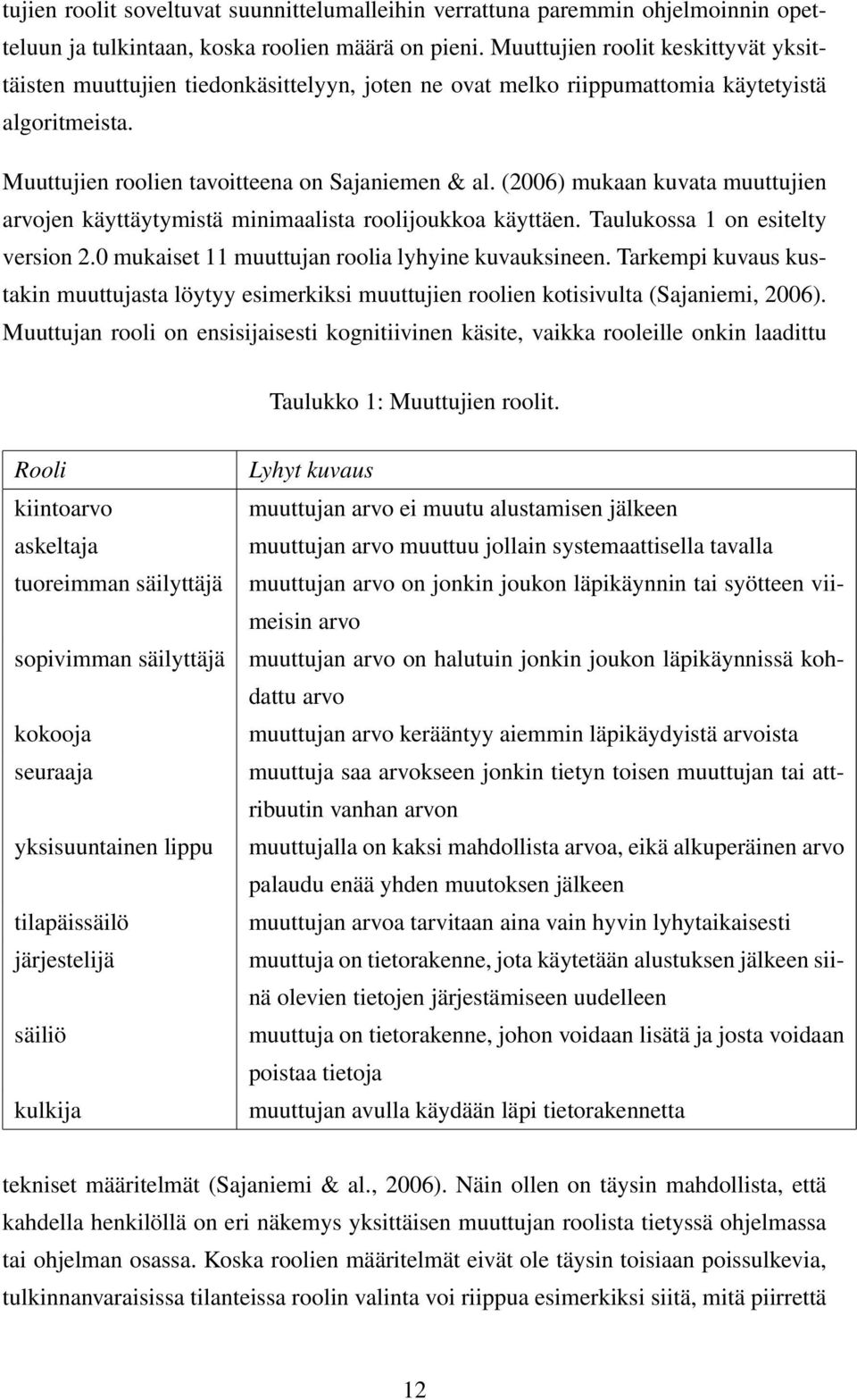 (2006) mukaan kuvata muuttujien arvojen käyttäytymistä minimaalista roolijoukkoa käyttäen. Taulukossa 1 on esitelty version 2.0 mukaiset 11 muuttujan roolia lyhyine kuvauksineen.