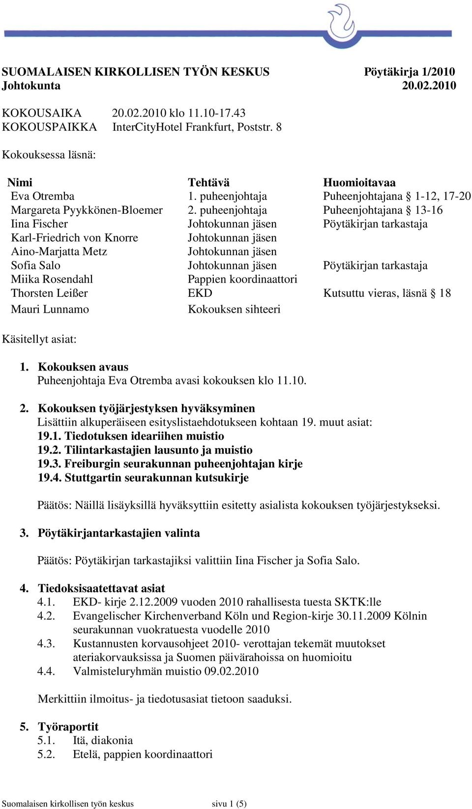 puheenjohtaja Puheenjohtajana 13-16 Iina Fischer Johtokunnan jäsen Pöytäkirjan tarkastaja Karl-Friedrich von Knorre Johtokunnan jäsen Aino-Marjatta Metz Johtokunnan jäsen Sofia Salo Johtokunnan jäsen