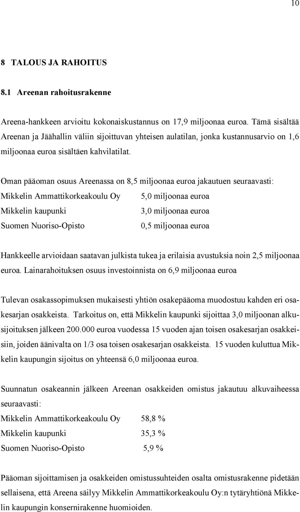 Oman pääoman osuus Areenassa on 8,5 miljoonaa euroa jakautuen seuraavasti: Mikkelin Ammattikorkeakoulu Oy 5,0 miljoonaa euroa Mikkelin kaupunki 3,0 miljoonaa euroa Suomen Nuoriso-Opisto 0,5 miljoonaa