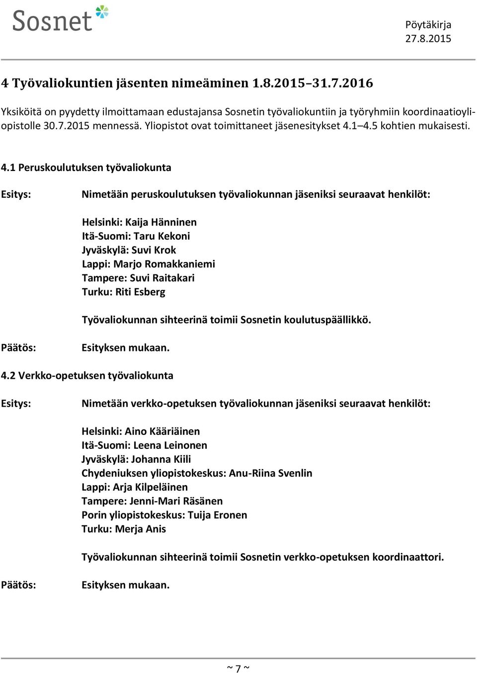 1 4.5 kohtien mukaisesti. 4.1 Peruskoulutuksen työvaliokunta Nimetään peruskoulutuksen työvaliokunnan jäseniksi seuraavat henkilöt: Helsinki: Kaija Hänninen Itä-Suomi: Taru Kekoni Jyväskylä: Suvi