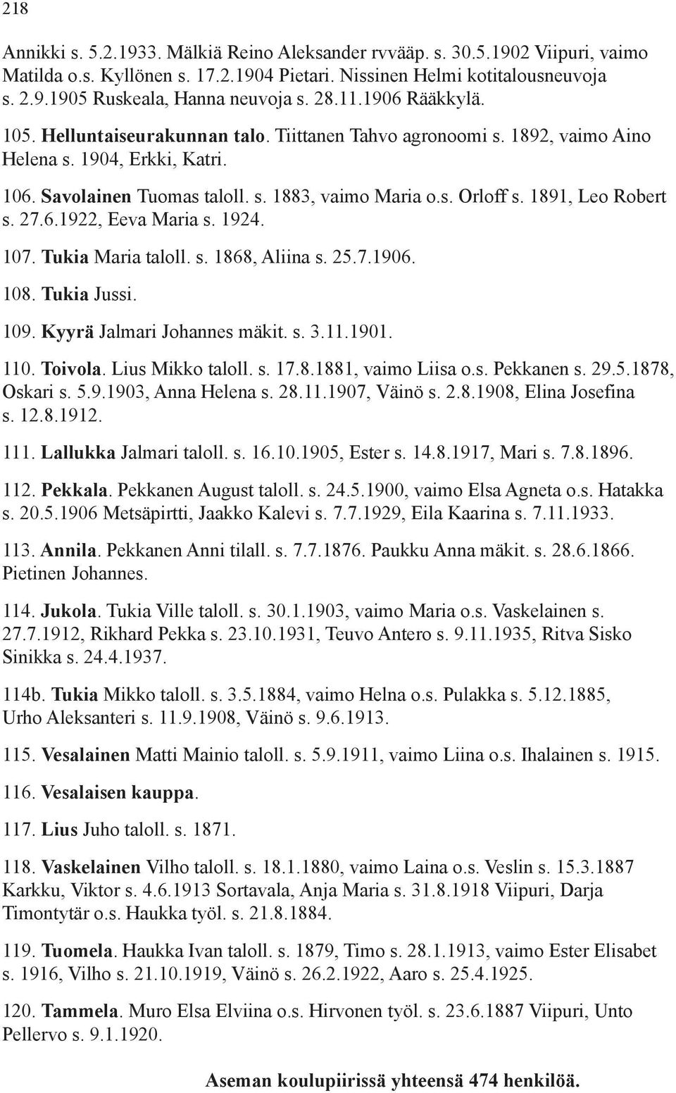 1891, Leo Robert s. 27.6.1922, Eeva Maria s. 1924. 107. Tukia Maria taloll. s. 1868, Aliina s. 25.7.1906. 108. Tukia Jussi. 109. Kyyrä Jalmari Johannes mäkit. s. 3.11.1901. 110. Toivola.