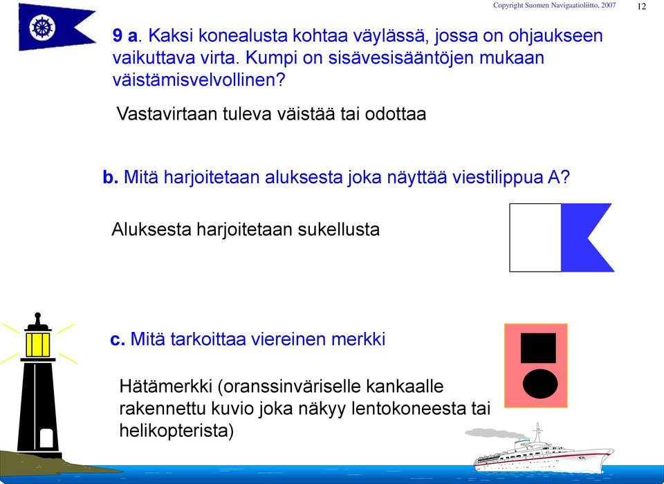 Mitä harjoitetaan aluksesta joka näyttää viestilippua A? Aluksesta harjoitetaan sukellusta c.