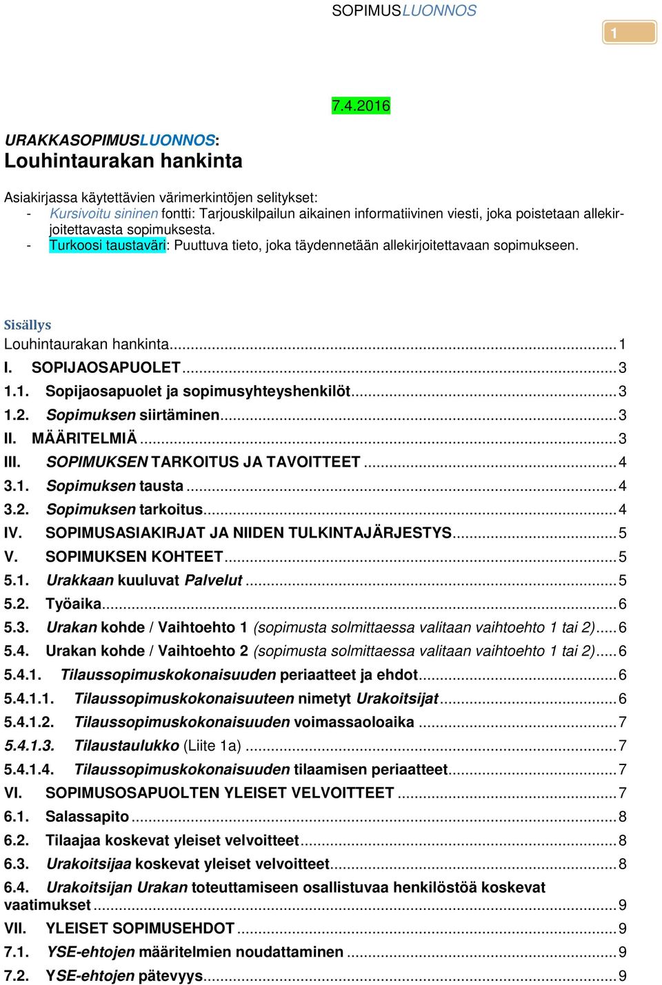 allekirjoitettavasta sopimuksesta. - Turkoosi taustaväri: Puuttuva tieto, joka täydennetään allekirjoitettavaan sopimukseen. Sisällys Louhintaurakan hankinta... 1 