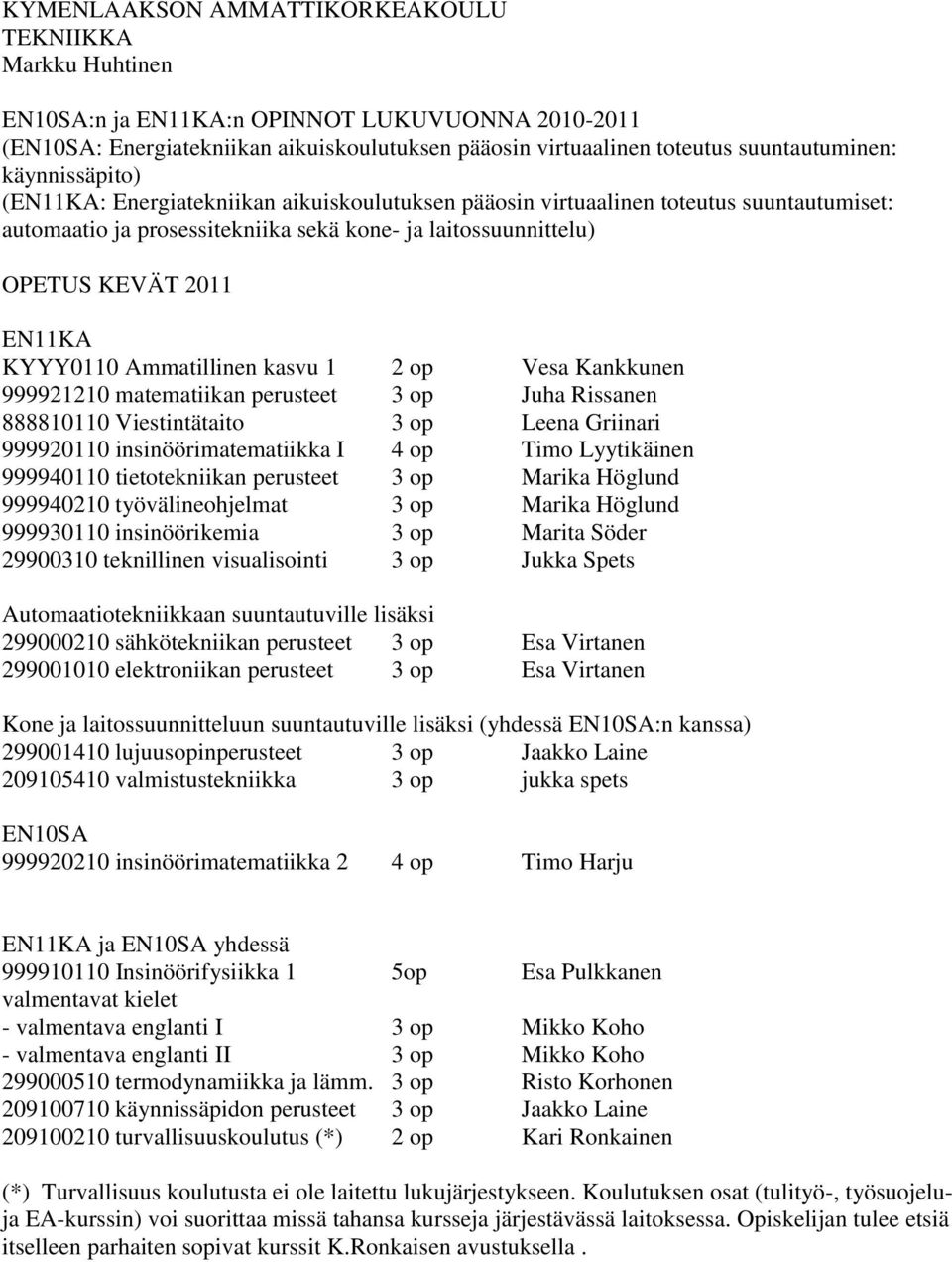 KYYY0110 Ammatillinen kasvu 1 2 op Vesa Kankkunen 999921210 matematiikan perusteet 3 op Juha Rissanen 888810110 Viestintätaito 3 op Leena Griinari 999920110 insinöörimatematiikka I 4 op Timo