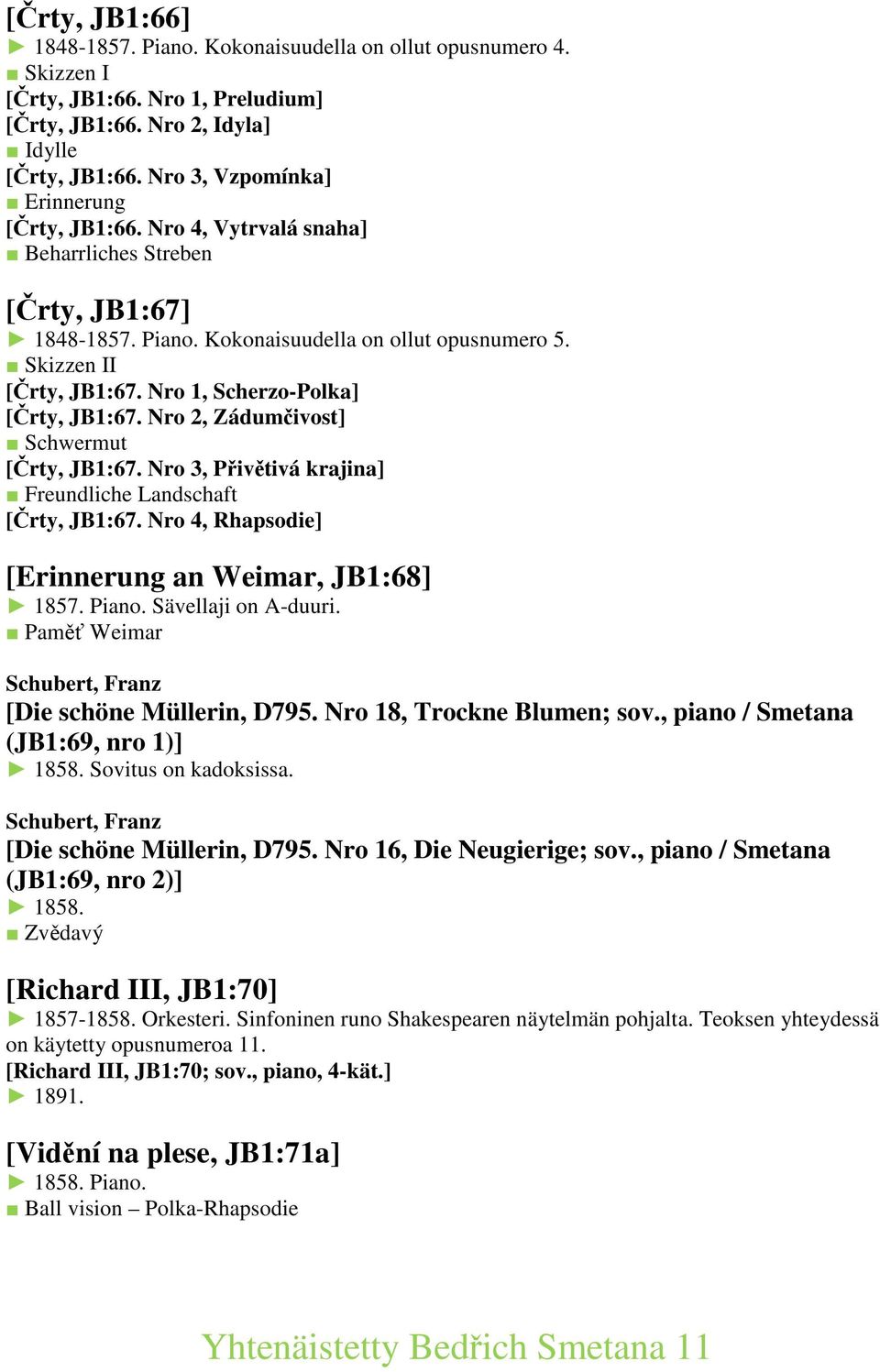 Nro 1, Scherzo-Polka] [Črty, JB1:67. Nro 2, Zádumčivost] Schwermut [Črty, JB1:67. Nro 3, Přivětivá krajina] Freundliche Landschaft [Črty, JB1:67. Nro 4, Rhapsodie] [Erinnerung an Weimar, JB1:68] 1857.