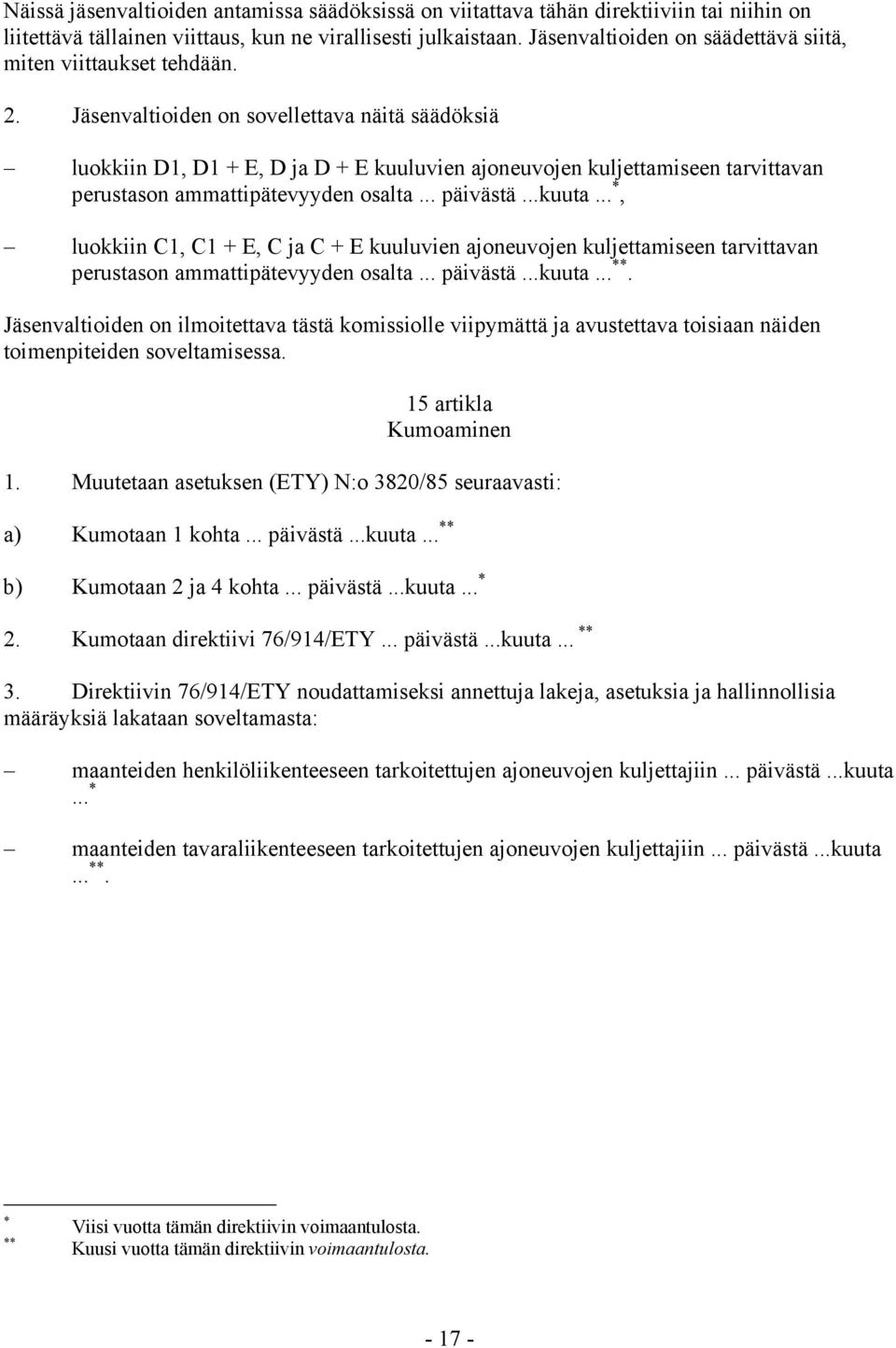 Jäsenvaltioiden on sovellettava näitä säädöksiä luokkiin D1, D1 + E, D ja D + E kuuluvien ajoneuvojen kuljettamiseen tarvittavan perustason ammattipätevyyden osalta... päivästä...kuuta.