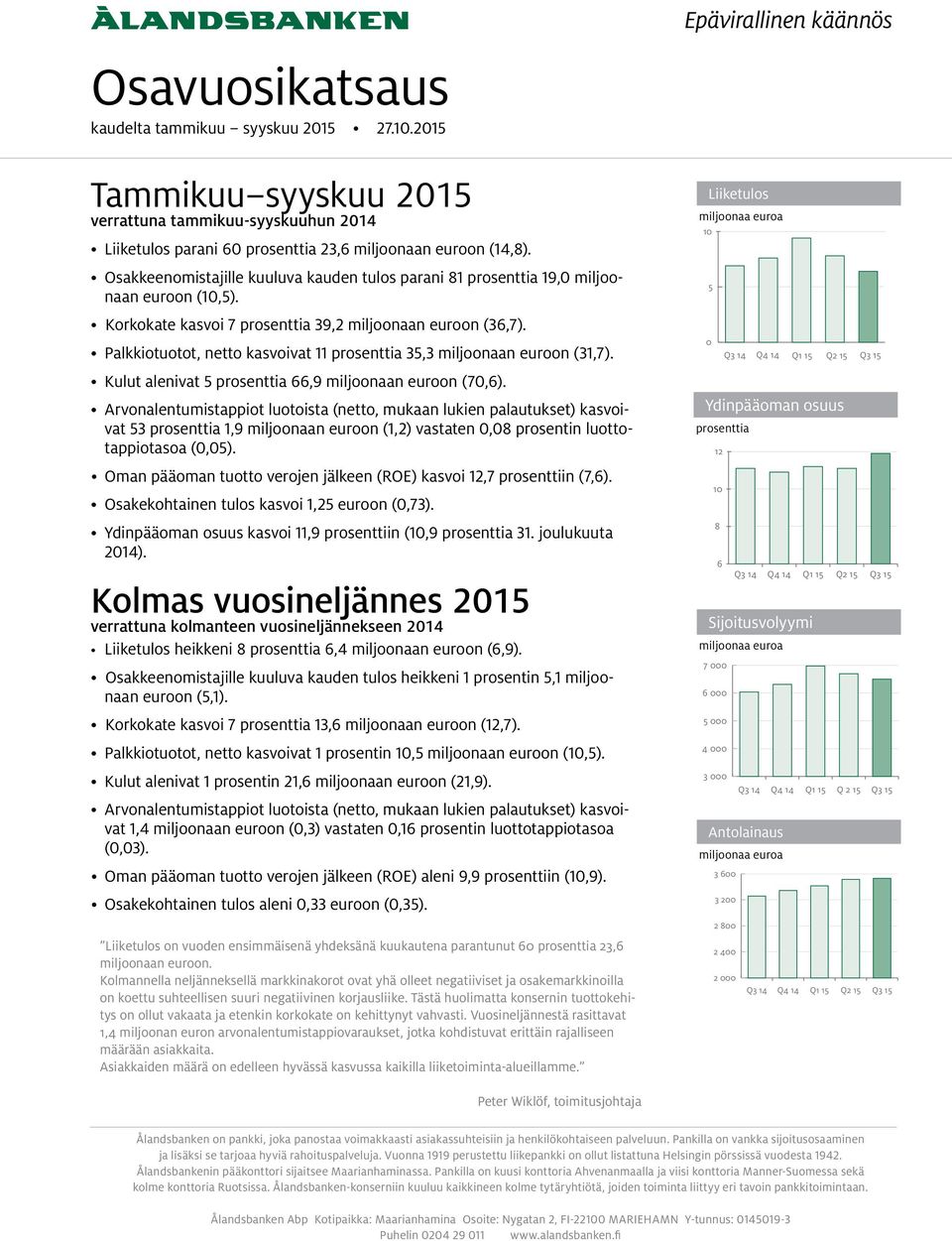 Palkkiotuotot, netto kasvoivat 11 prosenttia 35,3 miljoonaan euroon (31,7). Kulut alenivat 5 prosenttia 66,9 miljoonaan euroon (70,6).