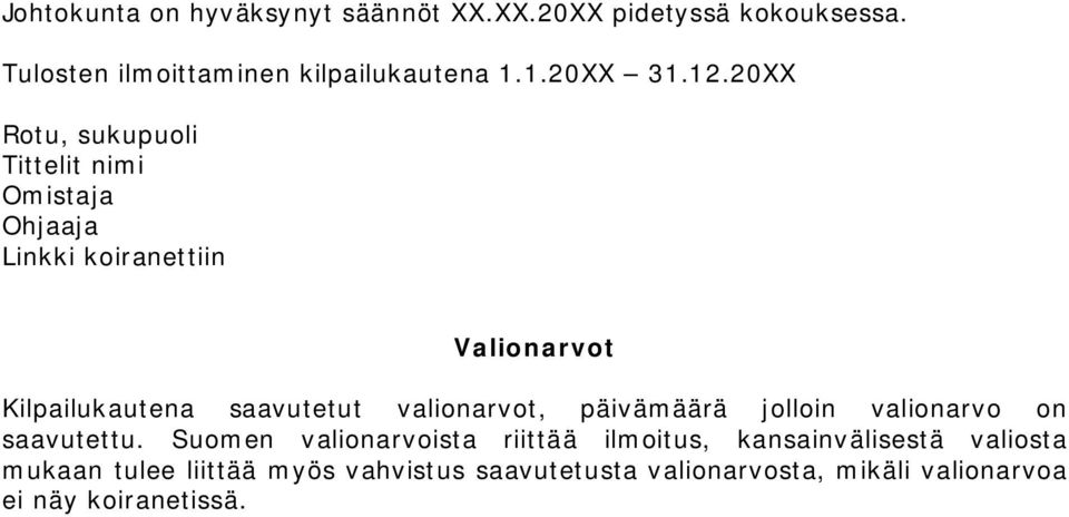 20XX Rotu, sukupuoli Tittelit nimi Omistaja Ohjaaja Linkki koiranettiin Valionarvot Kilpailukautena saavutetut