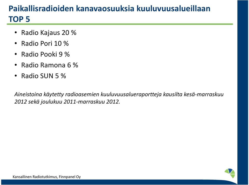 Aineistoina käytetty radioasemien kuuluvuusalueraportteja kausilta