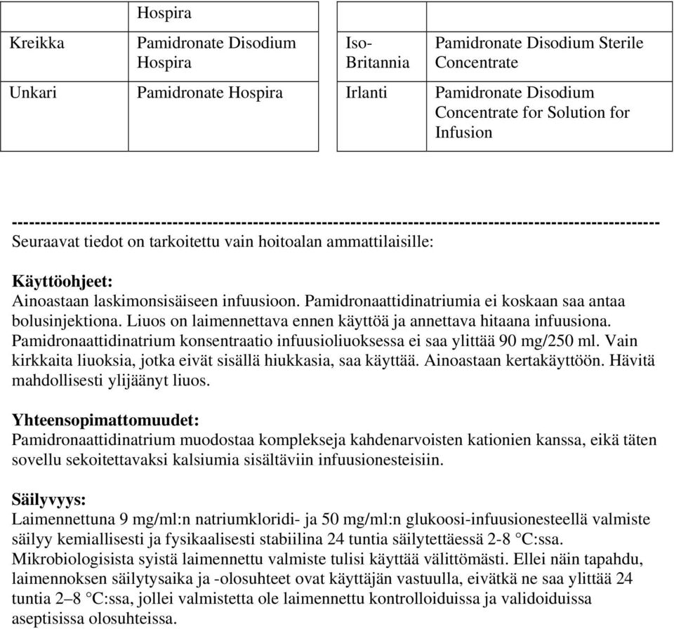Ainoastaan laskimonsisäiseen infuusioon. Pamidronaattidinatriumia ei koskaan saa antaa bolusinjektiona. Liuos on laimennettava ennen käyttöä ja annettava hitaana infuusiona.
