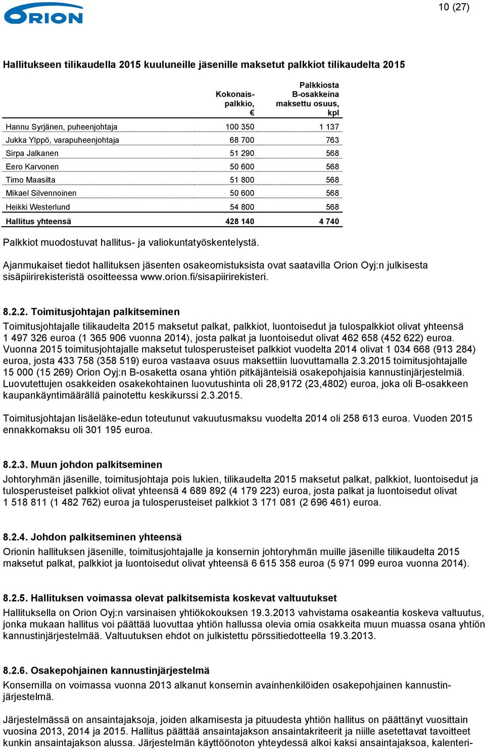 428 140 4 740 Palkkiot muodostuvat hallitus- ja valiokuntatyöskentelystä.