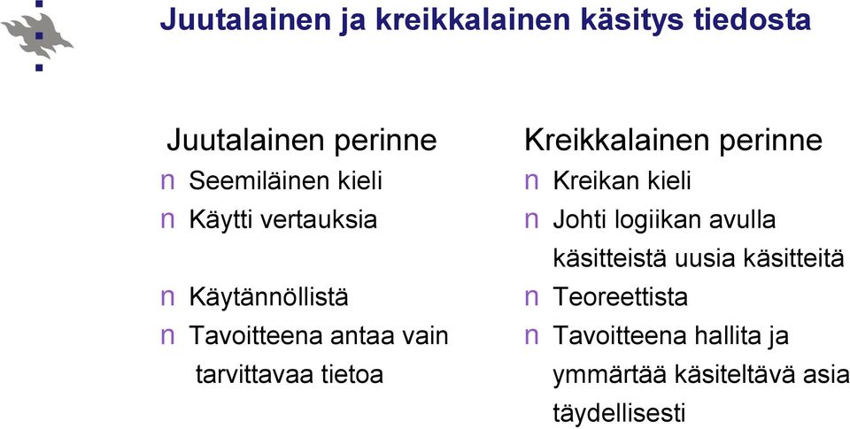 Kreikkalainen perinne Kreikan kieli Johti logiikan avulla käsitteistä uusia