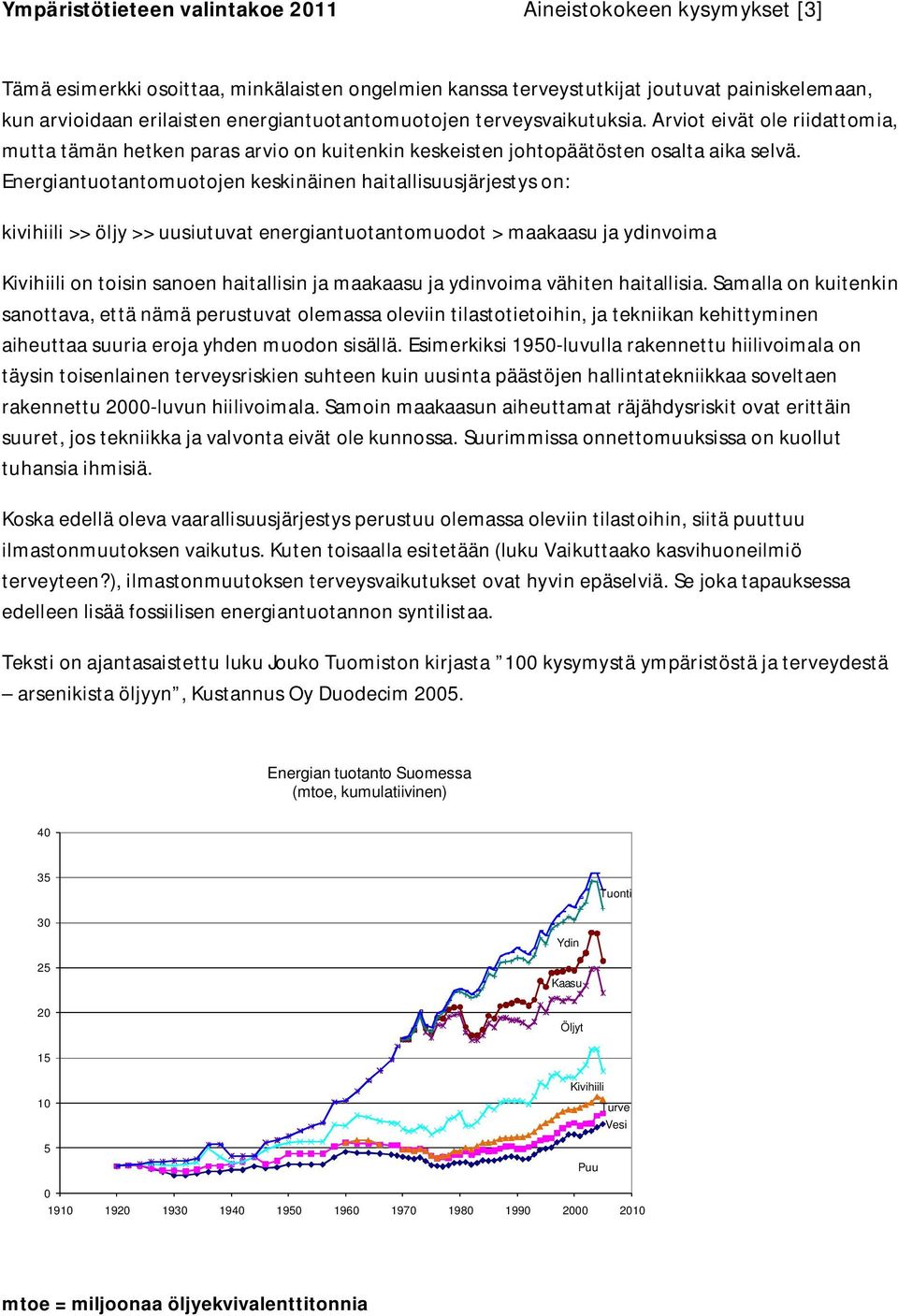 Energiantuotantomuotojen keskinäinen haitallisuusjärjestys on: kivihiili >> öljy >> uusiutuvat energiantuotantomuodot > maakaasu ja ydinvoima Kivihiili on toisin sanoen haitallisin ja maakaasu ja