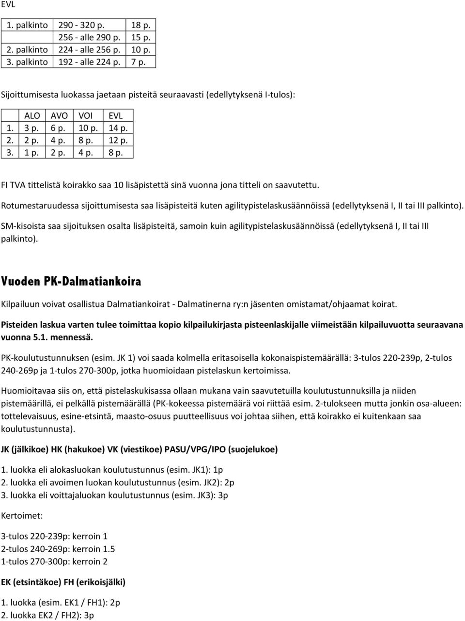 12 p. 3. 1 p. 2 p. 4 p. 8 p. FI TVA tittelistä koirakko saa 10 lisäpistettä sinä vuonna jona titteli on saavutettu.