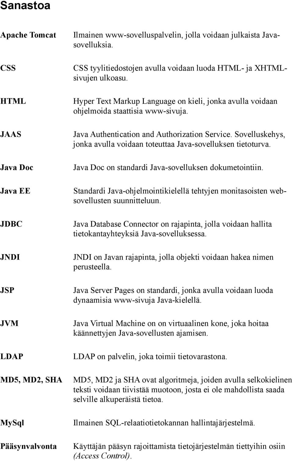 Java Authentication and Authorization Service. Sovelluskehys, jonka avulla voidaan toteuttaa Java-sovelluksen tietoturva. Java Doc on standardi Java-sovelluksen dokumetointiin.