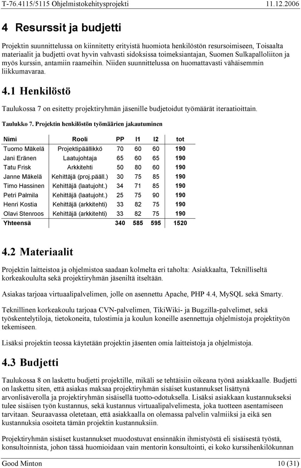 1 Henkilöstö Taulukossa 7 on esitetty projektiryhmän jäsenille budjetoidut työmäärät iteraatioittain. Taulukko 7.