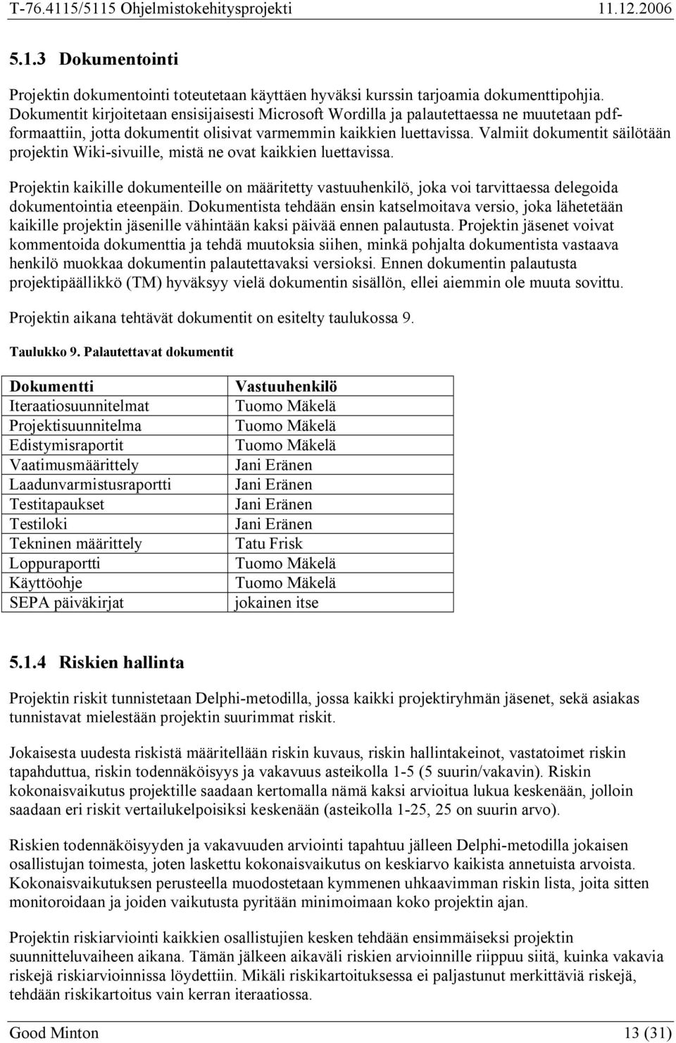 Valmiit dokumentit säilötään projektin Wiki sivuille, mistä ne ovat kaikkien luettavissa.