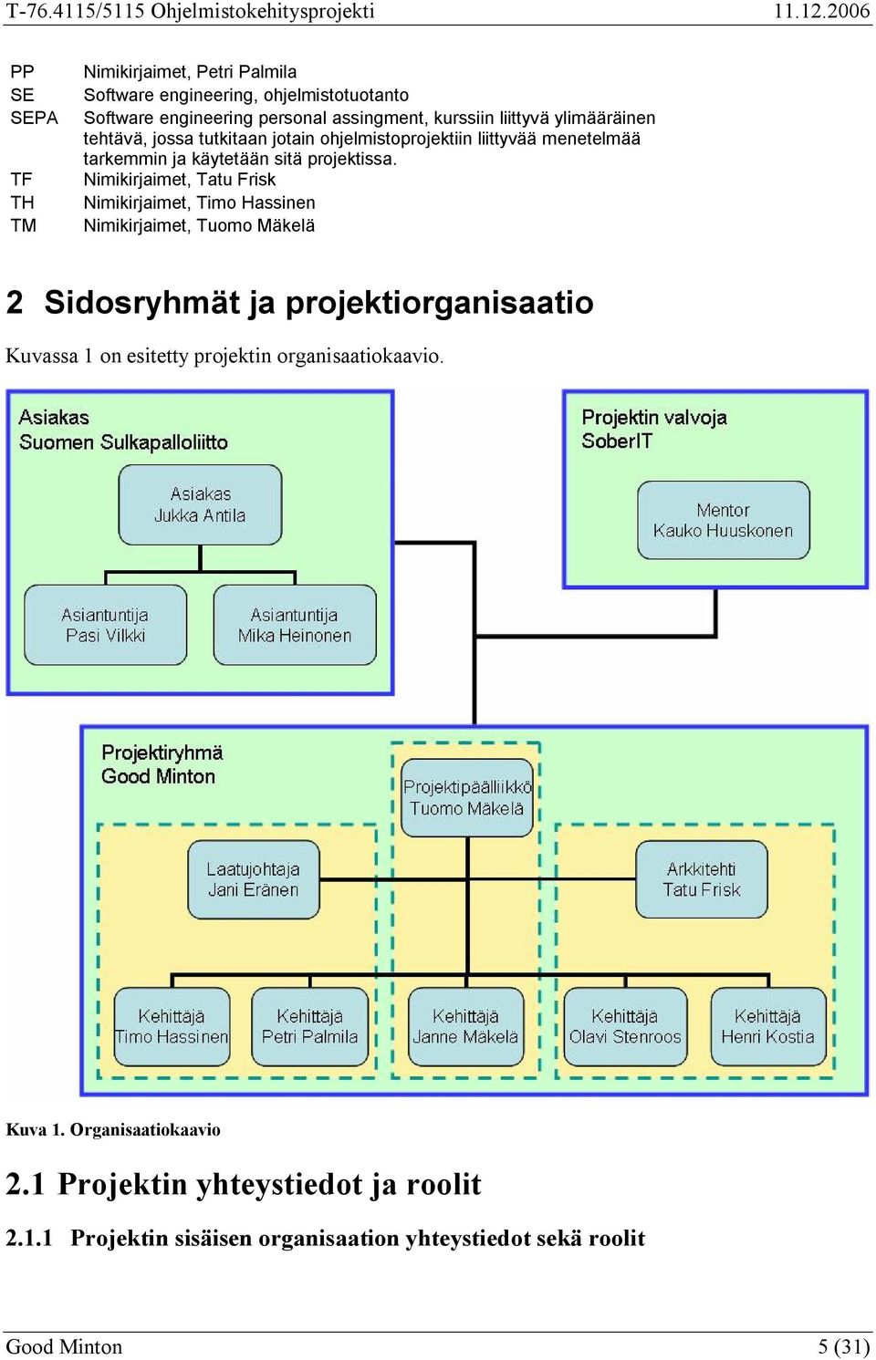 Nimikirjaimet, Tatu Frisk Nimikirjaimet, Timo Hassinen Nimikirjaimet, Tuomo Mäkelä 2 Sidosryhmät ja projektiorganisaatio Kuvassa 1 on esitetty