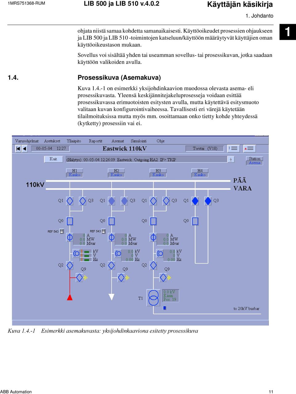 Sovellus voi sisältää yhden tai useamman sovellus- tai prosessikuvan, jotka saadaan käyttöön valikoiden avulla. 1 1.4. Prosessikuva (Asemakuva) Kuva 1.4.-1 on esimerkki yksijohdinkaavion muodossa olevasta asema- eli prosessikuvasta.