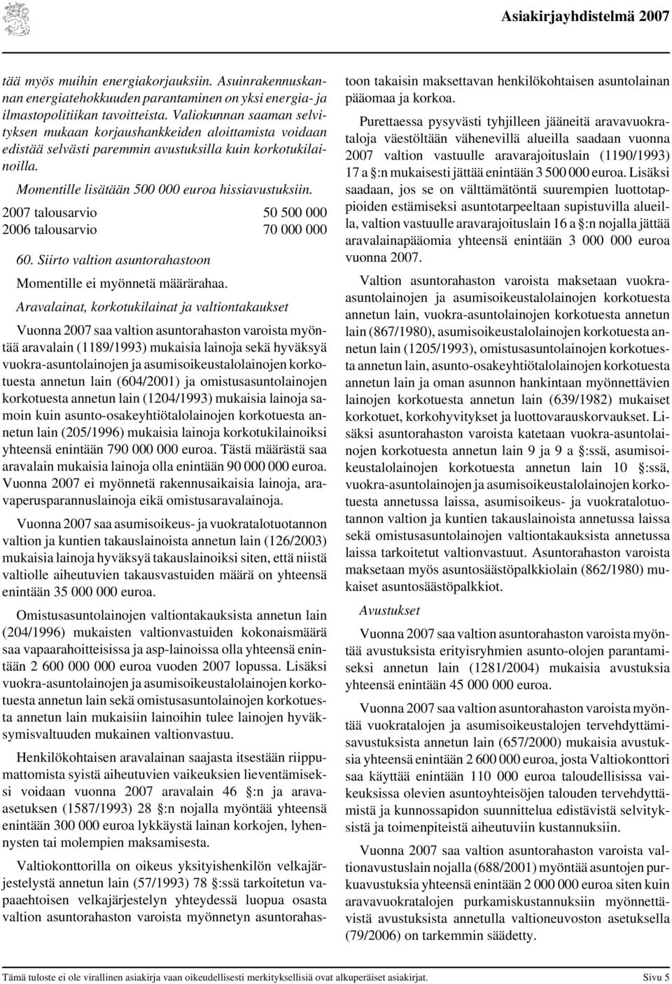 2007 talousarvio 50 500 000 2006 talousarvio 70 000 000 60. Siirto valtion asuntorahastoon Momentille ei myönnetä määrärahaa.