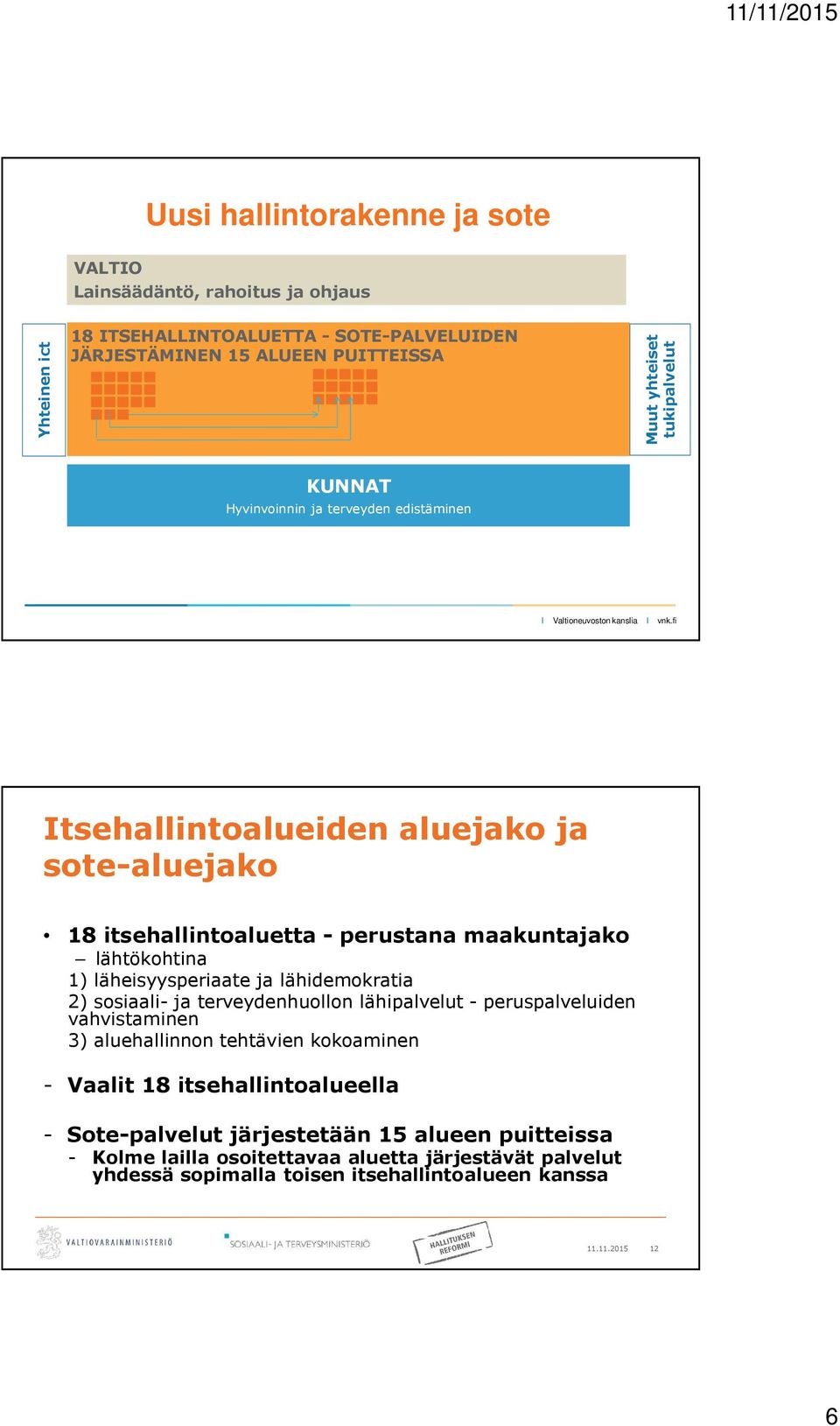 fi Itsehallintoalueiden aluejako ja sote-aluejako 18 itsehallintoaluetta - perustana maakuntajako lähtökohtina 1) läheisyysperiaate ja lähidemokratia 2) sosiaali- ja terveydenhuollon