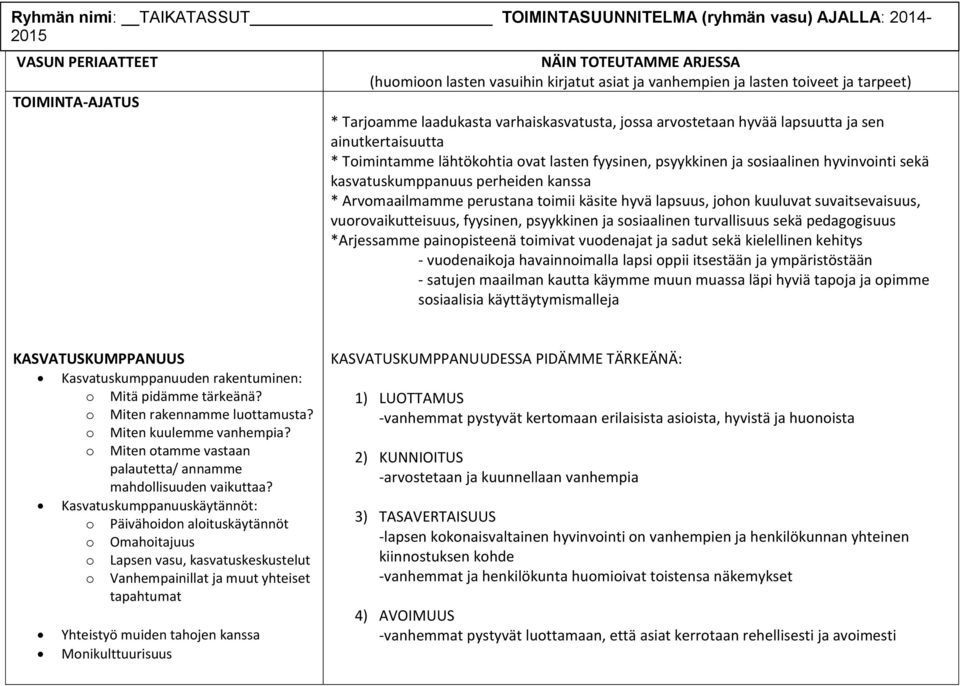 kasvatuskumppanuus perheiden kanssa TOIMINTA-AJATUS * Arvomaailmamme perustana toimii käsite hyvä lapsuus, johon kuuluvat suvaitsevaisuus, vuorovaikutteisuus, fyysinen, psyykkinen ja sosiaalinen