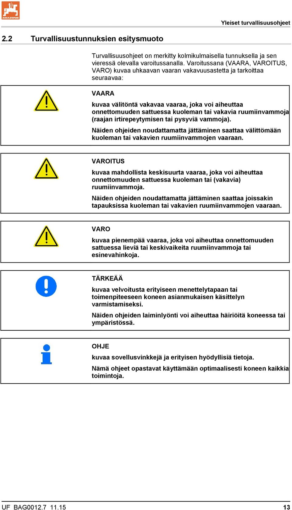 vakavia ruumiinvammoja (raajan irtirepeytymisen tai pysyviä vammoja). Näiden ohjeiden noudattamatta jättäminen saattaa välittömään kuoleman tai vakavien ruumiinvammojen vaaraan.