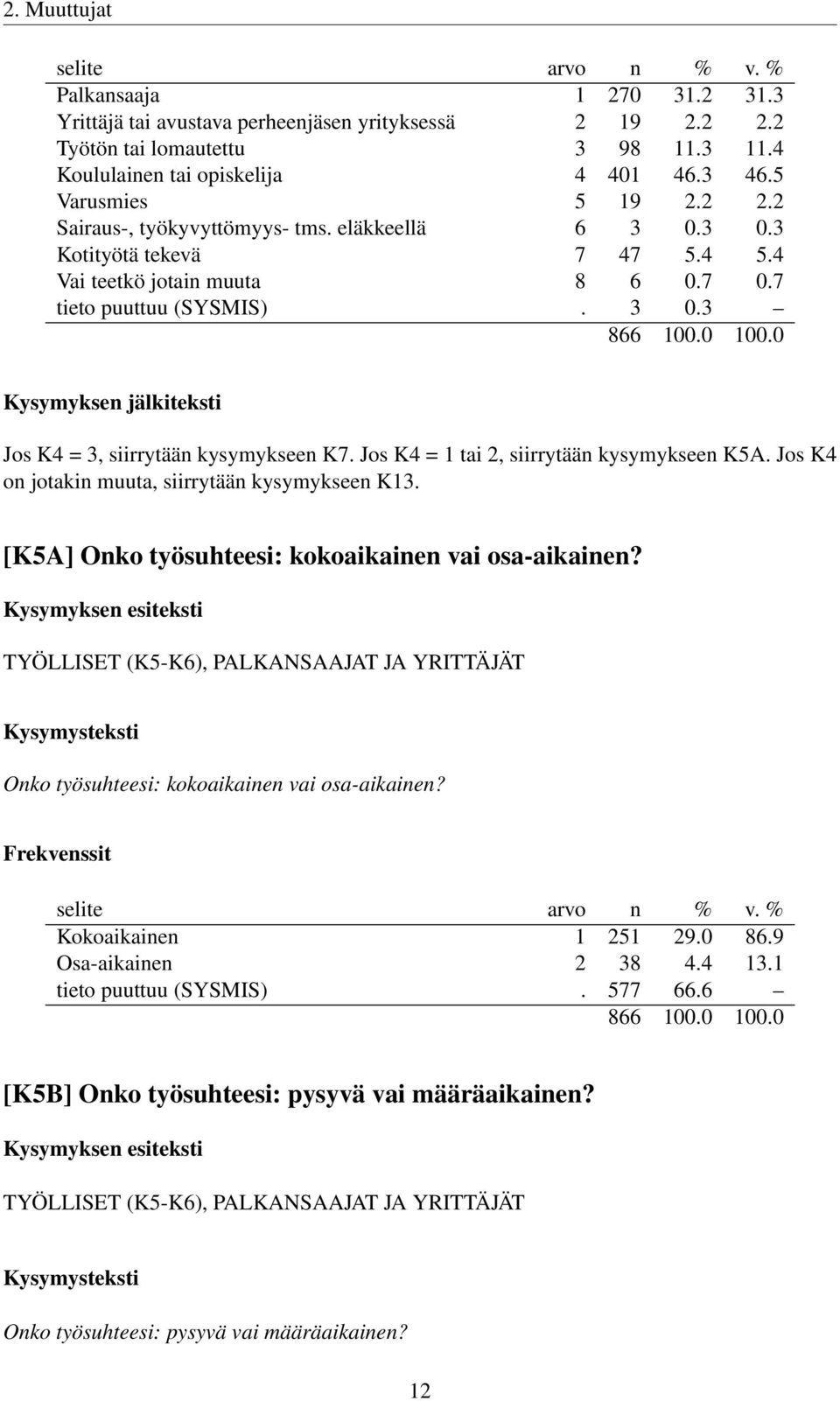 Jos K4 = 1 tai 2, siirrytään kysymykseen K5A. Jos K4 on jotakin muuta, siirrytään kysymykseen K13. [K5A] Onko työsuhteesi: kokoaikainen vai osa-aikainen?