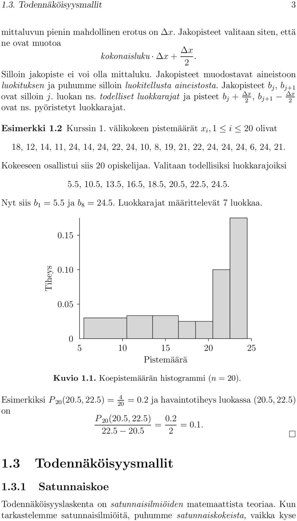 todelliset luokkarajat ja pisteet b j + x, b 2 j+1 x 2 ovat ns. pyöristetyt luokkarajat. Esimerkki 1.2 Kurssin 1.