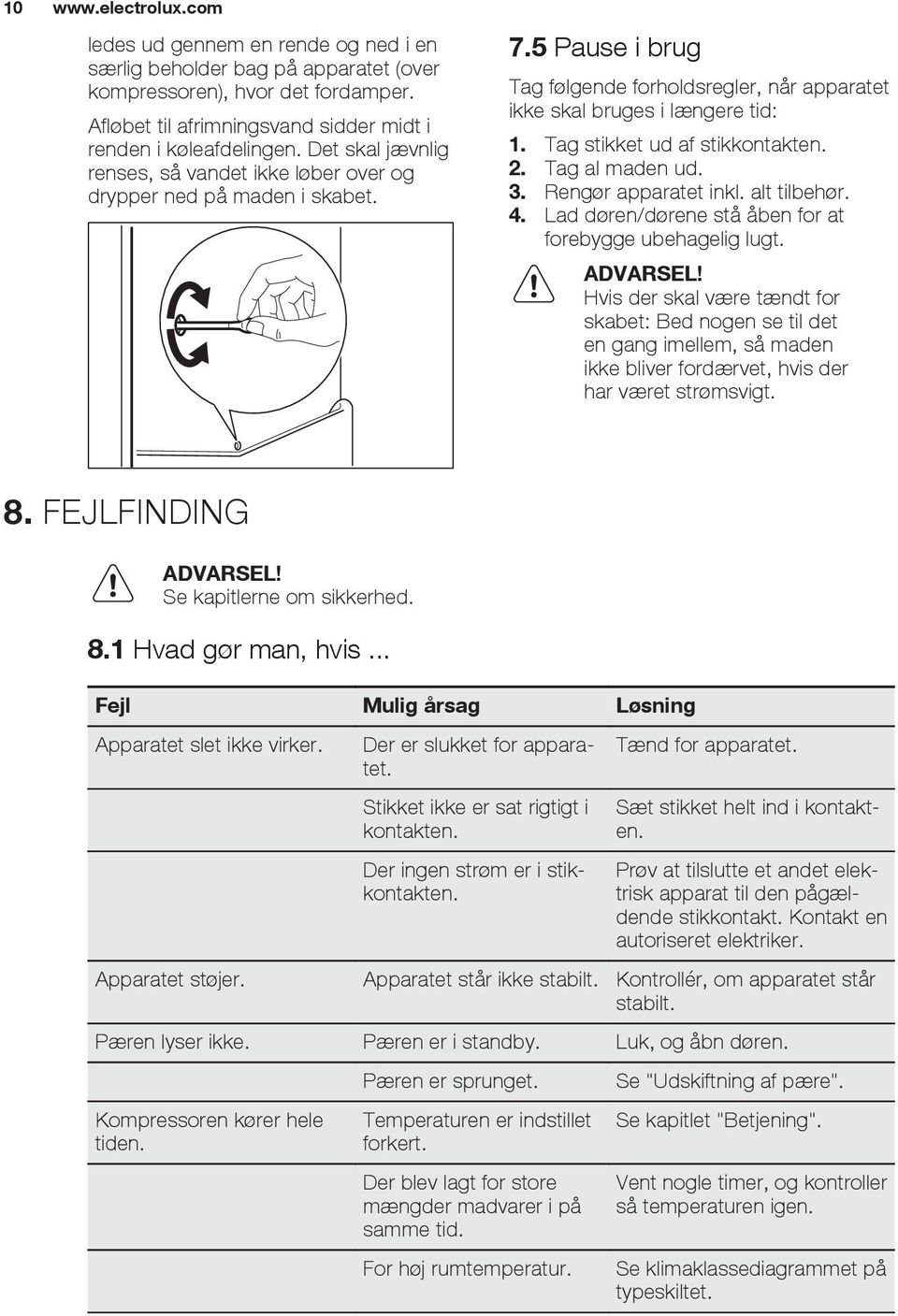 Tag stikket ud af stikkontakten. 2. Tag al maden ud. 3. Rengør apparatet inkl. alt tilbehør. 4. Lad døren/dørene stå åben for at forebygge ubehagelig lugt. ADVARSEL!