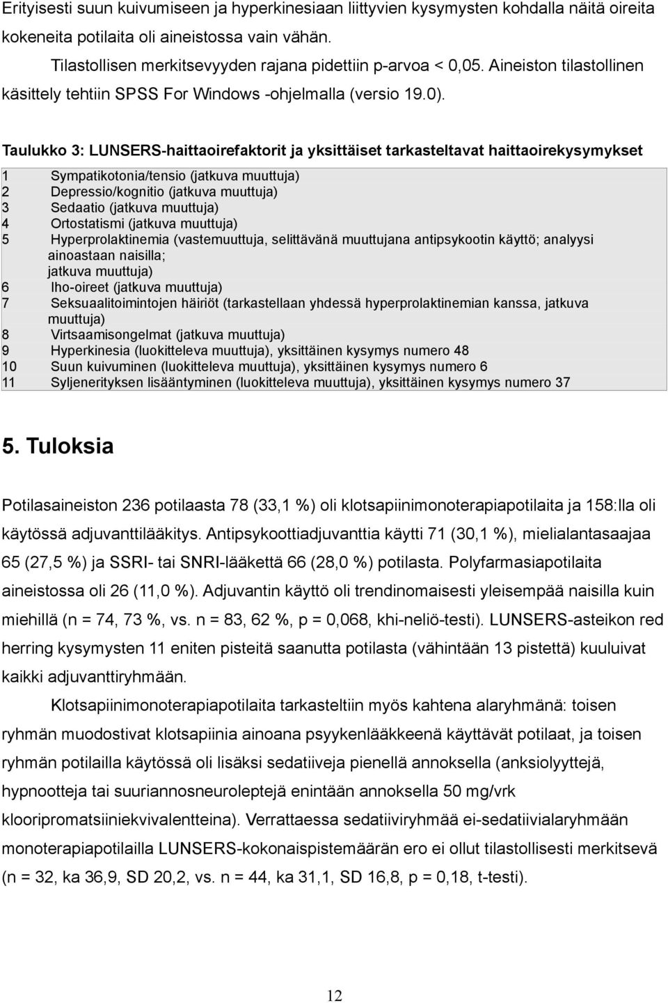 Taulukko 3: LUNSERS-haittaoirefaktorit ja yksittäiset tarkasteltavat haittaoirekysymykset 1 Sympatikotonia/tensio (jatkuva muuttuja) 2 Depressio/kognitio (jatkuva muuttuja) 3 Sedaatio (jatkuva