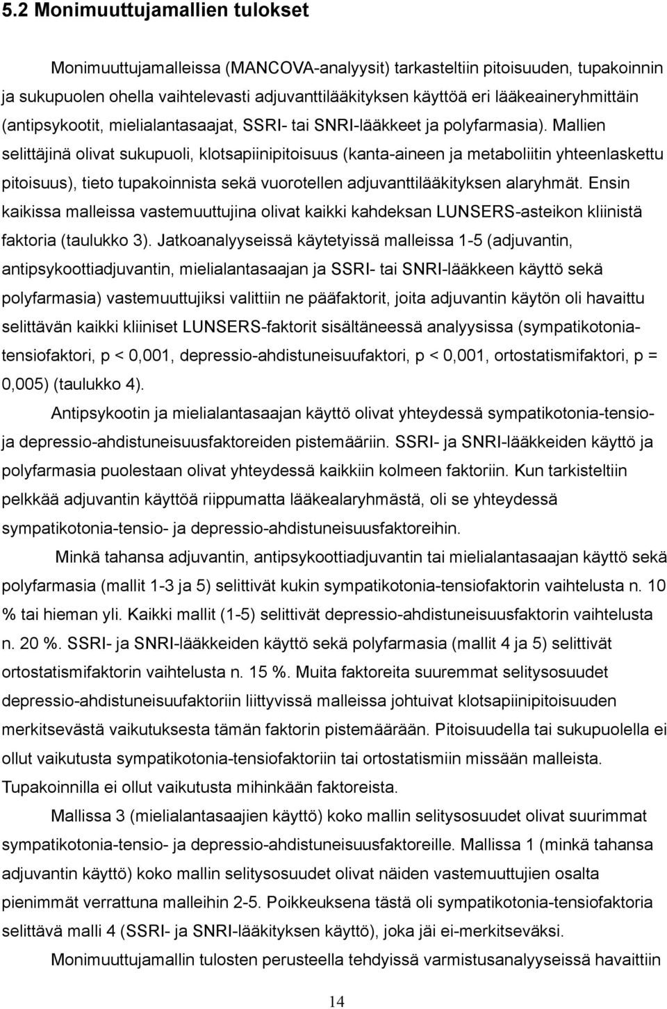 Mallien selittäjinä olivat sukupuoli, klotsapiinipitoisuus (kanta-aineen ja metaboliitin yhteenlaskettu pitoisuus), tieto tupakoinnista sekä vuorotellen adjuvanttilääkityksen alaryhmät.