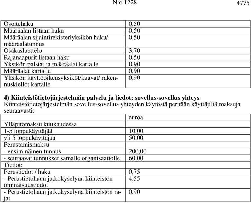 Kiinteistötietojärjestelmän sovellus-sovellus yhteyden käytöstä peritään käyttäjiltä maksuja seuraavasti: euroa Ylläpitomaksu kuukaudessa 1-5 loppukäyttäjää 10,00 yli 5 loppukäyttäjää 50,00