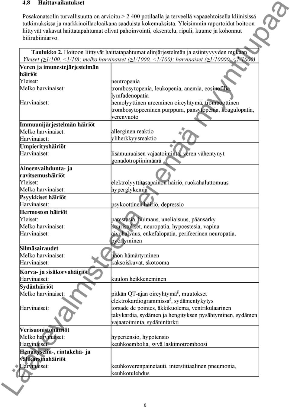 Hoitoon liittyvät haittatapahtumat elinjärjestelmän ja esiintyvyyden mukaan Yleiset ( 1/100, <1/10); melko harvinaiset ( 1/1000, <1/100); harvinaiset ( 1/10000, <1/1000) Veren ja imunestejärjestelmän