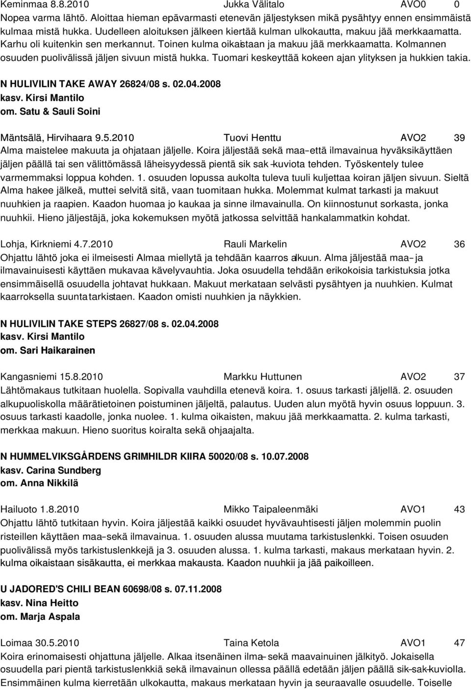 Kolmannen osuuden puolivälissä jäljen sivuun mistä hukka. Tuomari keskeyttää kokeen ajan ylityksen ja hukkien takia. N HULIVILIN TAKE AWAY 26824/08 s. 02.04.2008 kasv. Kirsi Mantilo om.