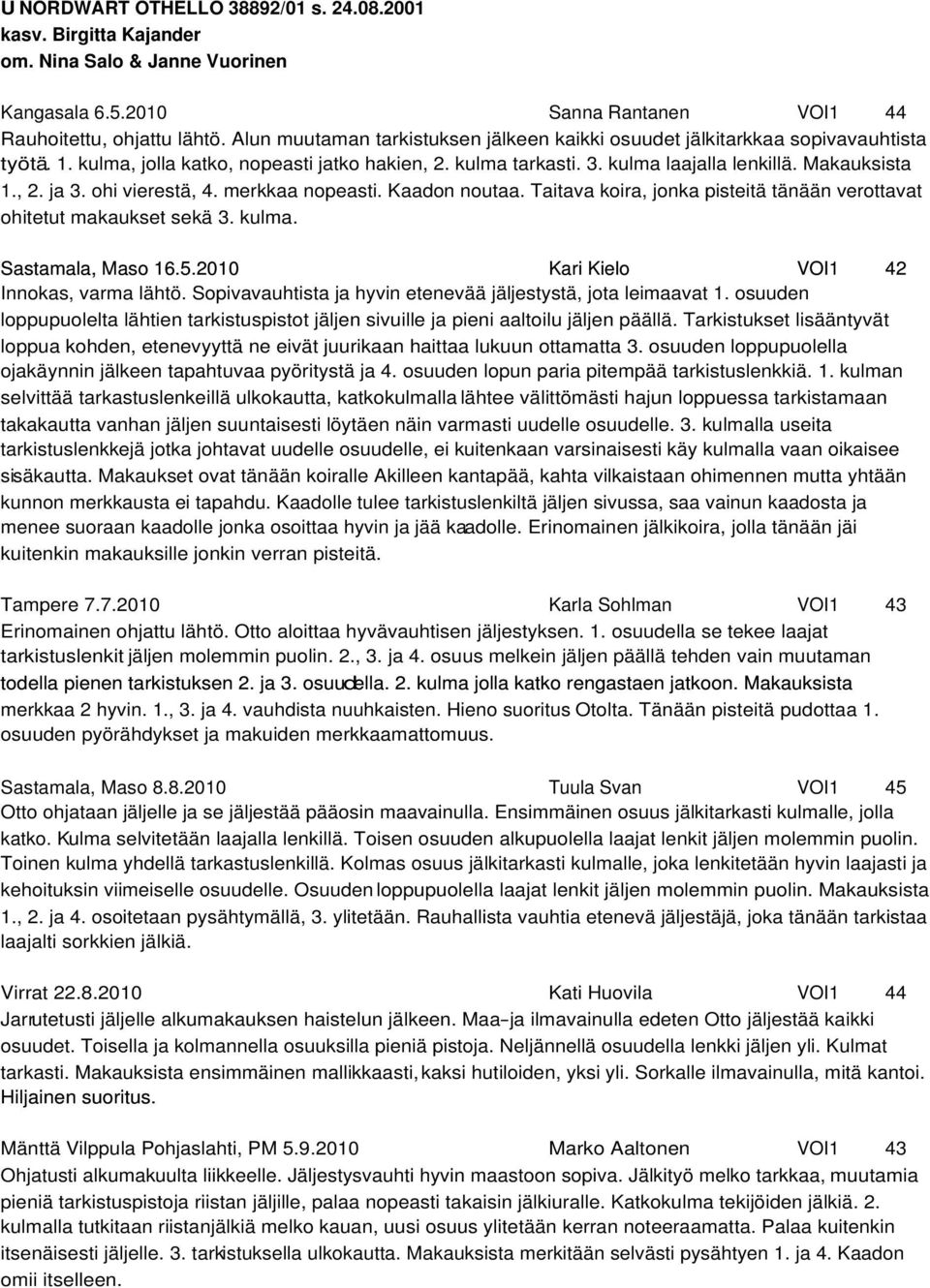 ohi vierestä, 4. merkkaa nopeasti. Kaadon noutaa. Taitava koira, jonka pisteitä tänään verottavat ohitetut makaukset sekä 3. kulma. Sastamala, Maso 16.5.2010 Kari Kielo VOI1 42 Innokas, varma lähtö.